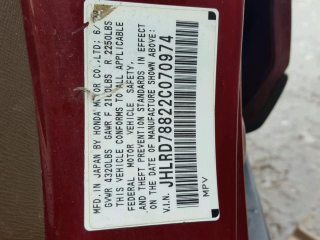 JHLRD78822C070974 - 2002 HONDA CR-V EX MAROON photo 10