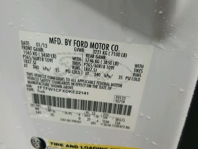 1FTFW1CFXDKE22141 - 2013 FORD F150 SUPER WHITE photo 10