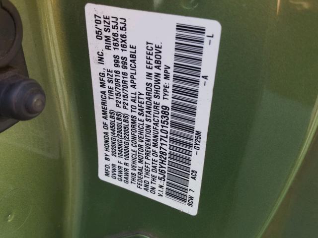 5J6YH28717L015389 - 2007 HONDA ELEMENT EX GREEN photo 10