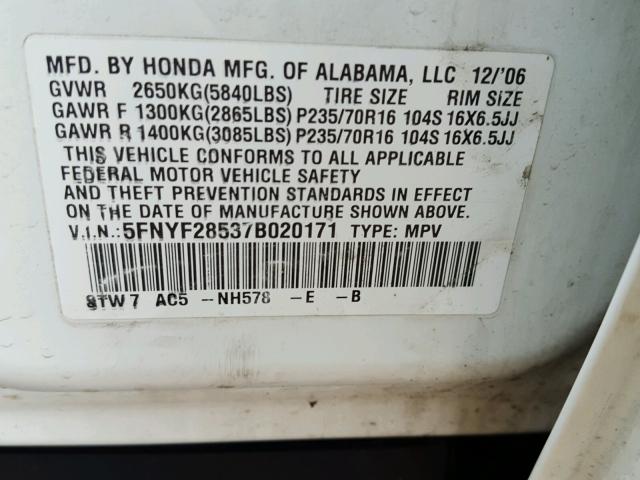 5FNYF28537B020171 - 2007 HONDA PILOT EXL WHITE photo 10