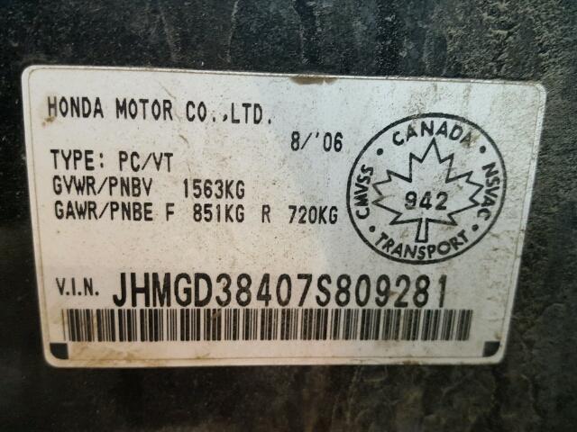 JHMGD38407S809281 - 2007 HONDA FIT BLACK photo 10