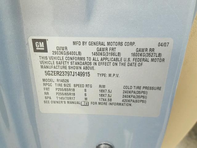 5GZER23797J149915 - 2007 SATURN OUTLOOK XR ლურჯი ფოტო 10