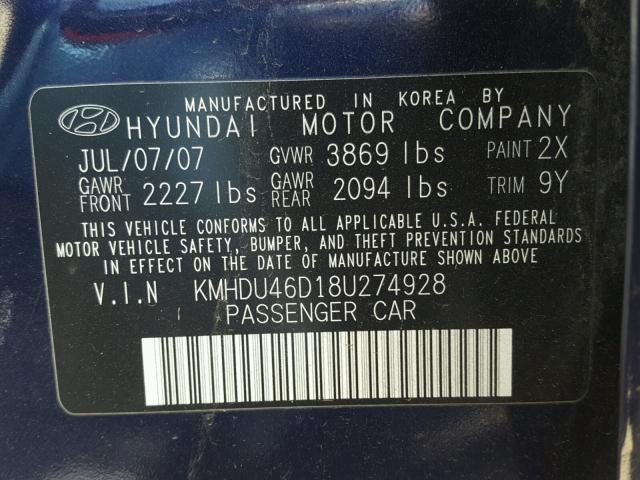 KMHDU46D18U274928 - 2008 HYUNDAI ELANTRA GL BLUE photo 10