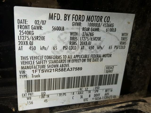 1FTSW21R58EA37589 - 2008 FORD F250 SUPER BLACK photo 10