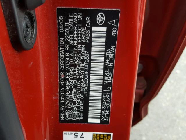 JTDKB20U883412887 - 2008 TOYOTA PRIUS RED photo 10