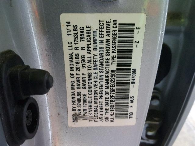 19XFB2F76FE022508 - 2015 HONDA CIVIC SE SILVER photo 10