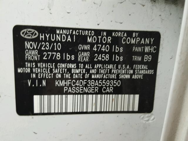 KMHFC4DF3BA559350 - 2011 HYUNDAI AZERA GLS WHITE photo 10