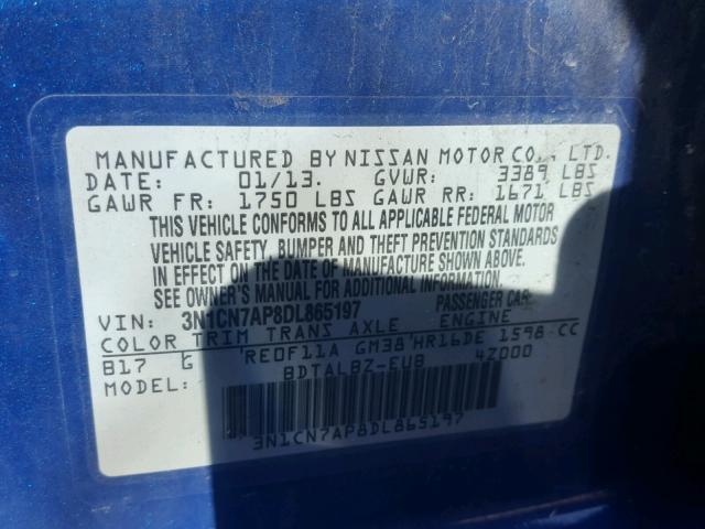 3N1CN7AP8DL865197 - 2013 NISSAN VERSA S BLUE photo 10