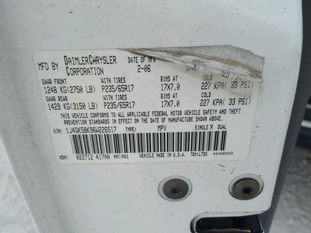 1J4GK58K96W226517 - 2006 JEEP LIBERTY LI WHITE photo 10