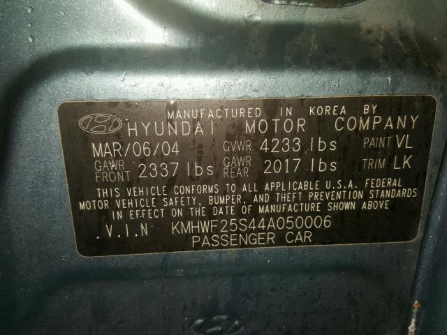 KMHWF25S44A050006 - 2004 HYUNDAI SONATA GL BLUE photo 10