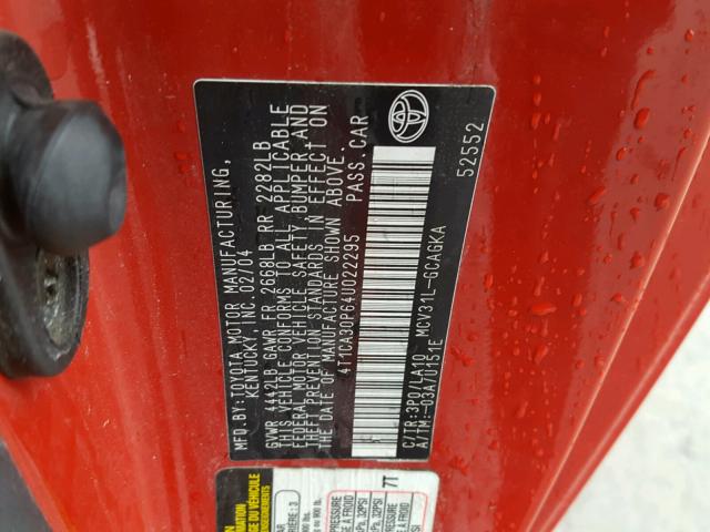 4T1CA30P64U022295 - 2004 TOYOTA CAMRY SOLA RED photo 10