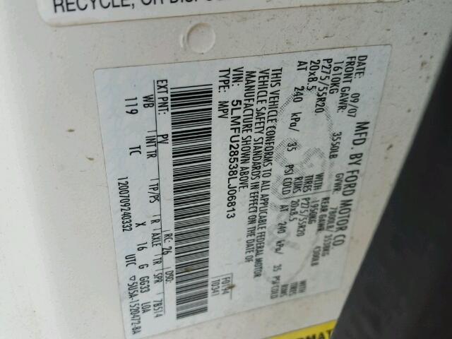 5LMFU28538LJ06813 - 2008 LINCOLN NAVIGATOR WHITE photo 10