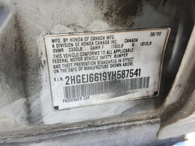 2HGEJ6619YH587541 - 2000 HONDA CIVIC BASE SILVER photo 10