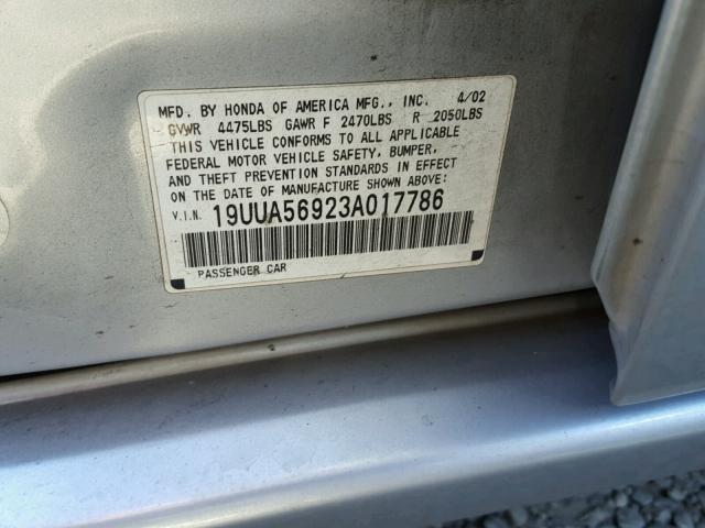 19UUA56923A017786 - 2003 ACURA 3.2TL TYPE SILVER photo 10