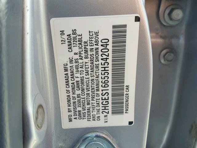 2HGES16655H542040 - 2005 HONDA CIVIC LX SILVER photo 10