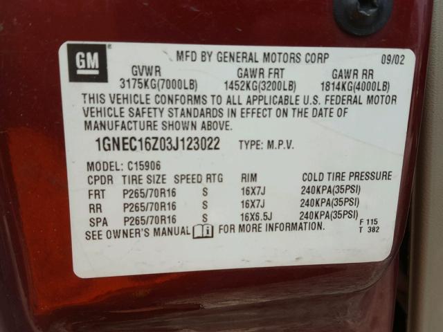 1GNEC16Z03J123022 - 2003 CHEVROLET SUBURBAN C BURGUNDY photo 10