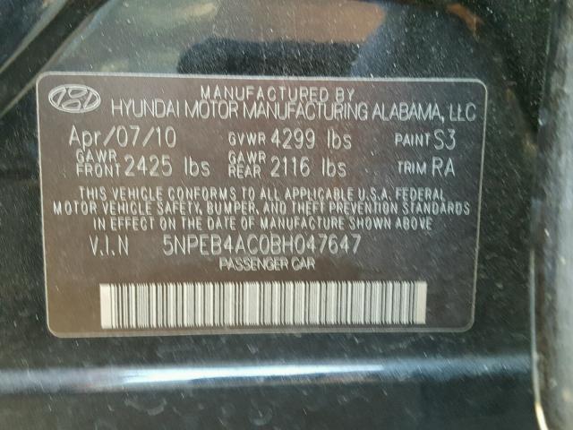 5NPEB4AC0BH047647 - 2011 HYUNDAI SONATA GLS BLACK photo 10