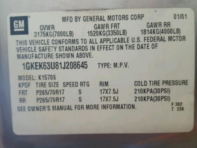 1GKEK63U81J208645 - 2001 GMC DENALI GRAY photo 10