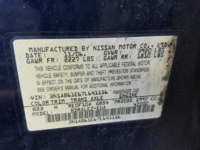 3N1AB61E67L641116 - 2007 NISSAN SENTRA 2.0 BLUE photo 10