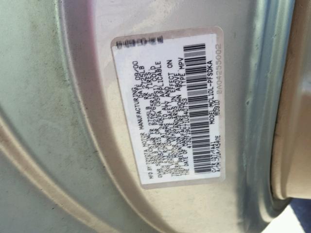 4T3ZF19C71U340753 - 2001 TOYOTA SIENNA CE SILVER photo 10