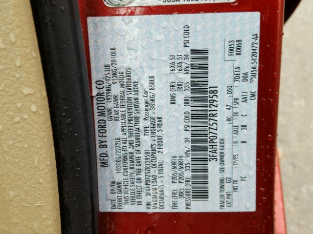 3FAHP07Z57R129581 - 2007 FORD FUSION SE RED photo 10