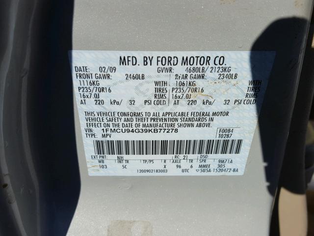 1FMCU94G39KB77278 - 2009 FORD ESCAPE LIM BEIGE photo 10