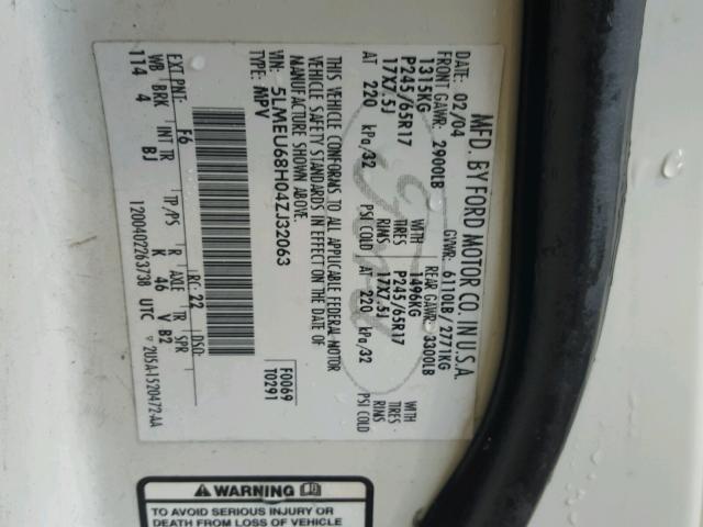 5LMEU68H04ZJ32063 - 2004 LINCOLN AVIATOR 白色 照片 10