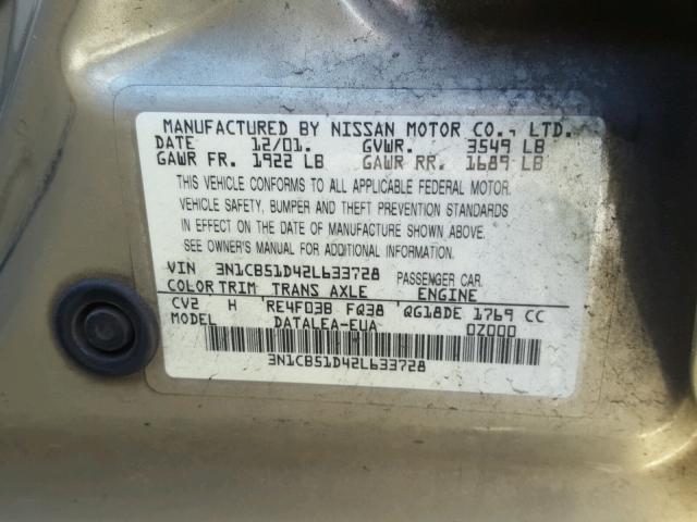 3N1CB51D42L633728 - 2002 NISSAN SENTRA XE GOLD photo 10