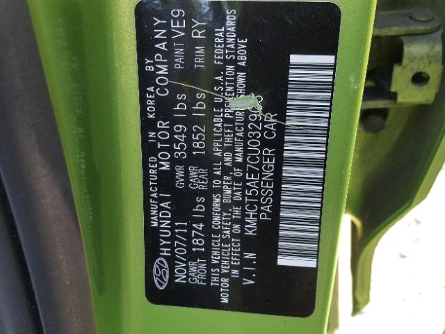 KMHCT5AE7CU032903 - 2012 HYUNDAI ACCENT GLS GREEN photo 10