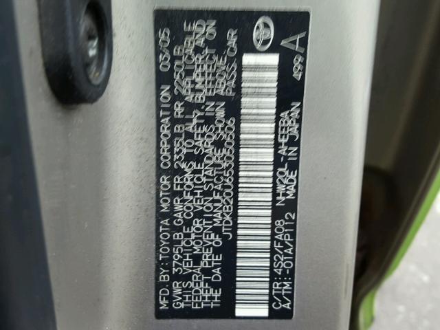 JTDKB20U653050506 - 2005 TOYOTA PRIUS GREEN photo 10