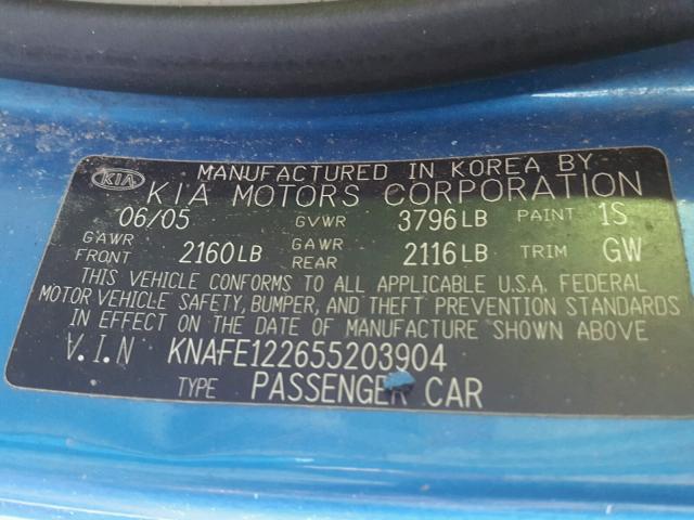 KNAFE122655203904 - 2005 KIA NEW SPECTR BLUE photo 10