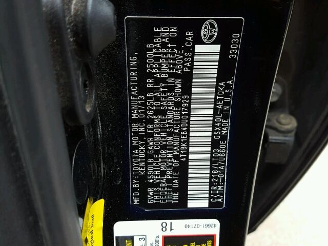 4T1BK1EB4DU017929 - 2013 TOYOTA AVALON BAS 黑色 照片 10