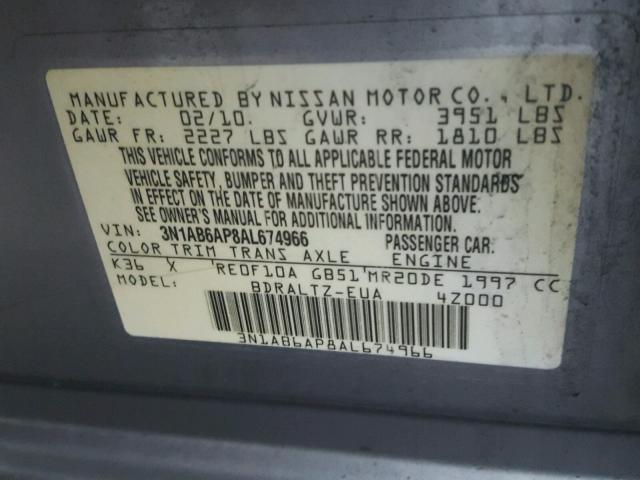 3N1AB6AP8AL674966 - 2010 NISSAN SENTRA 2.0 GRAY photo 10