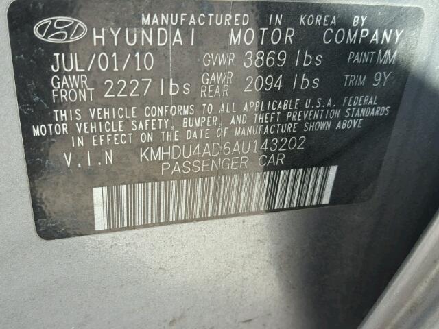 KMHDU4AD6AU143202 - 2010 HYUNDAI ELANTRA BL SILVER photo 10