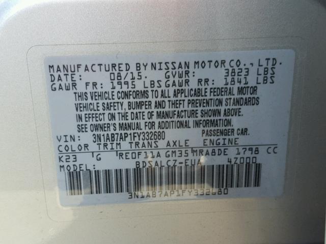 3N1AB7AP1FY332680 - 2015 NISSAN SENTRA S SILVER photo 10