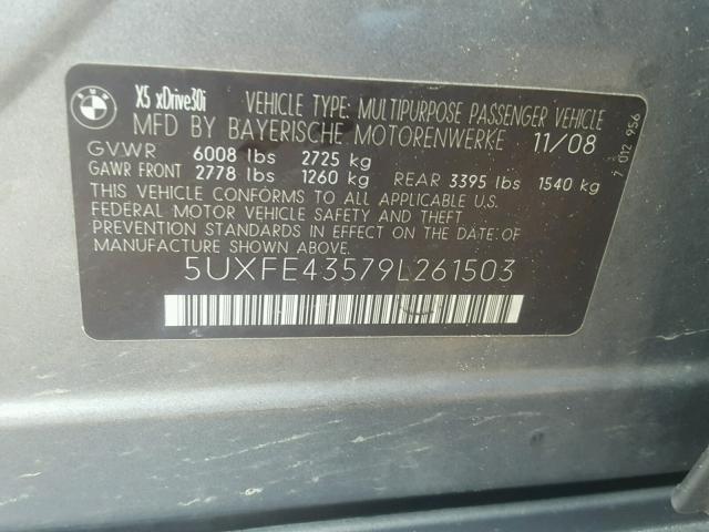 5UXFE43579L261503 - 2009 BMW X5 XDRIVE3 GRAY photo 10