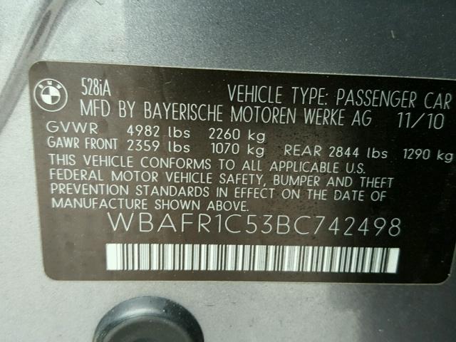 WBAFR1C53BC742498 - 2011 BMW 528 I GRAY photo 10
