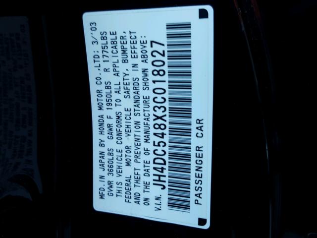 JH4DC548X3C018027 - 2003 ACURA RSX BLACK photo 10