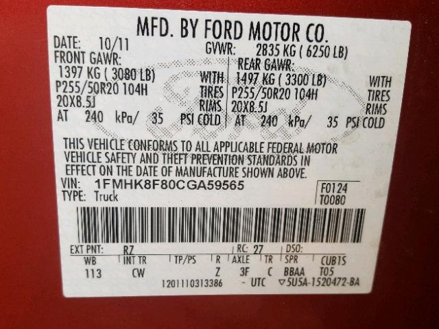 1FMHK8F80CGA59565 - 2012 FORD EXPLORER L RED photo 10