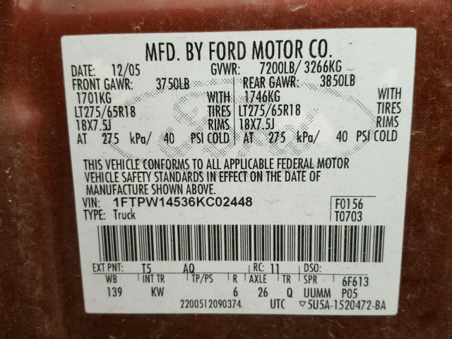 1FTPW14536KC02448 - 2006 FORD F150 SUPER BROWN photo 10