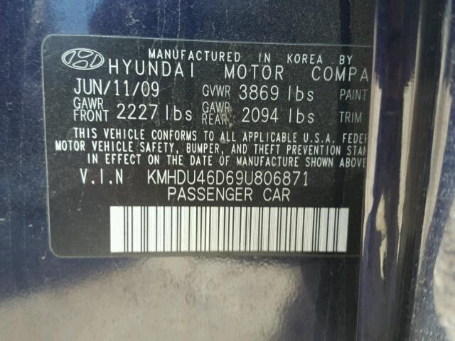 KMHDU46D69U806871 - 2009 HYUNDAI ELANTRA GL BLUE photo 10