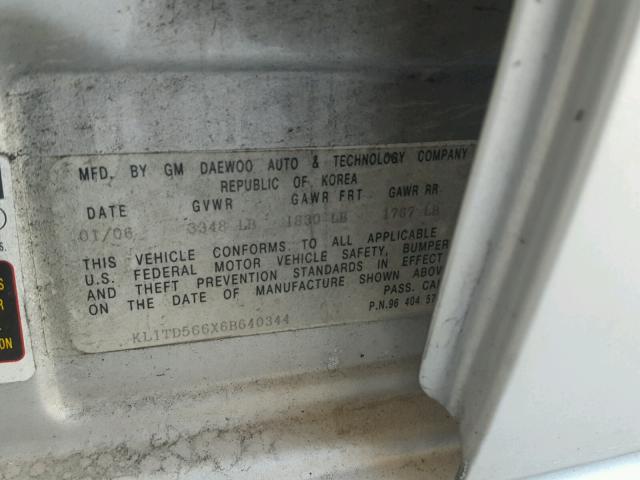 KL1TD566X6B640344 - 2006 CHEVROLET AVEO BASE Gri fotoğraf 10