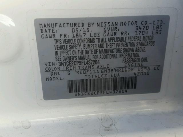 3N1CE2CP5FL437204 - 2015 NISSAN VERSA NOTE WHITE photo 10