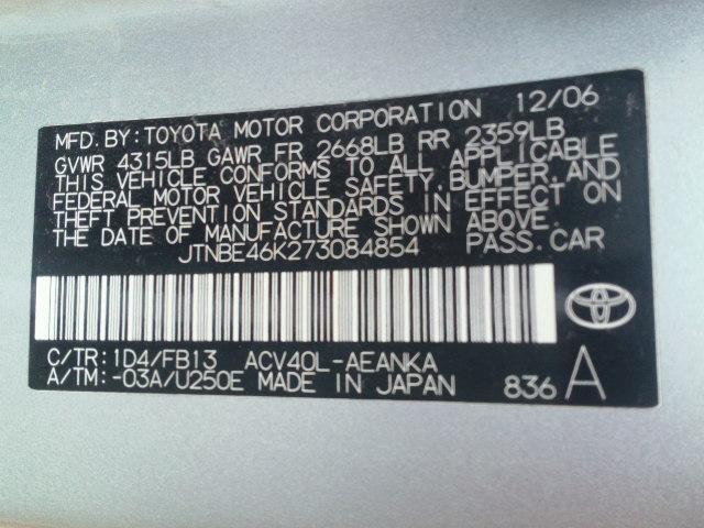 JTNBE46K273084854 - 2007 TOYOTA CAMRY NEW SILVER photo 10