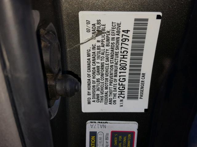 2HGFG11807H577974 - 2007 HONDA CIVIC EX GRAY photo 10