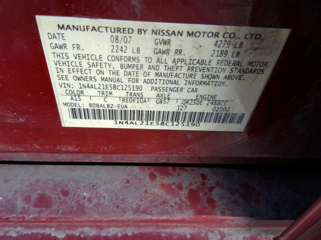 1N4AL21E58C125190 - 2008 NISSAN ALTIMA 2.5 BURGUNDY photo 10