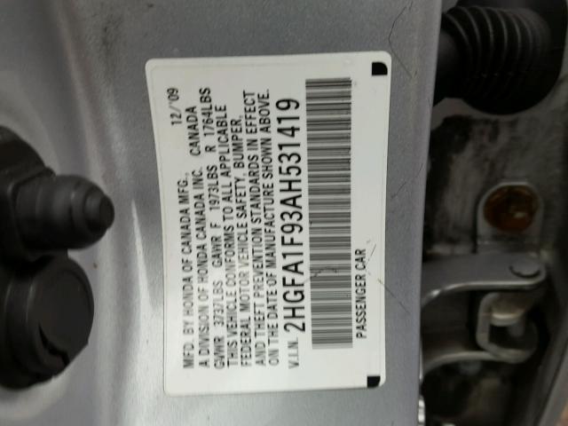 2HGFA1F93AH531419 - 2010 HONDA CIVIC EXL ნაცრისფერი ფოტო 10