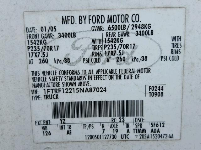 1FTRF12215NA87024 - 2005 FORD F150 WHITE photo 10