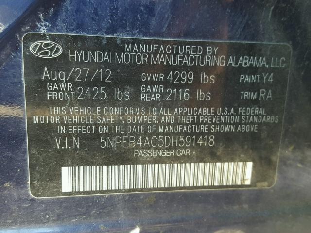 5NPEB4AC5DH591418 - 2013 HYUNDAI SONATA GLS BLUE photo 10