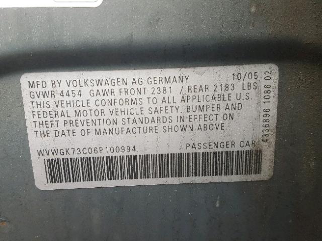 WVWGK73C06P100994 - 2006 VOLKSWAGEN PASSAT 2.0 GRAY photo 10